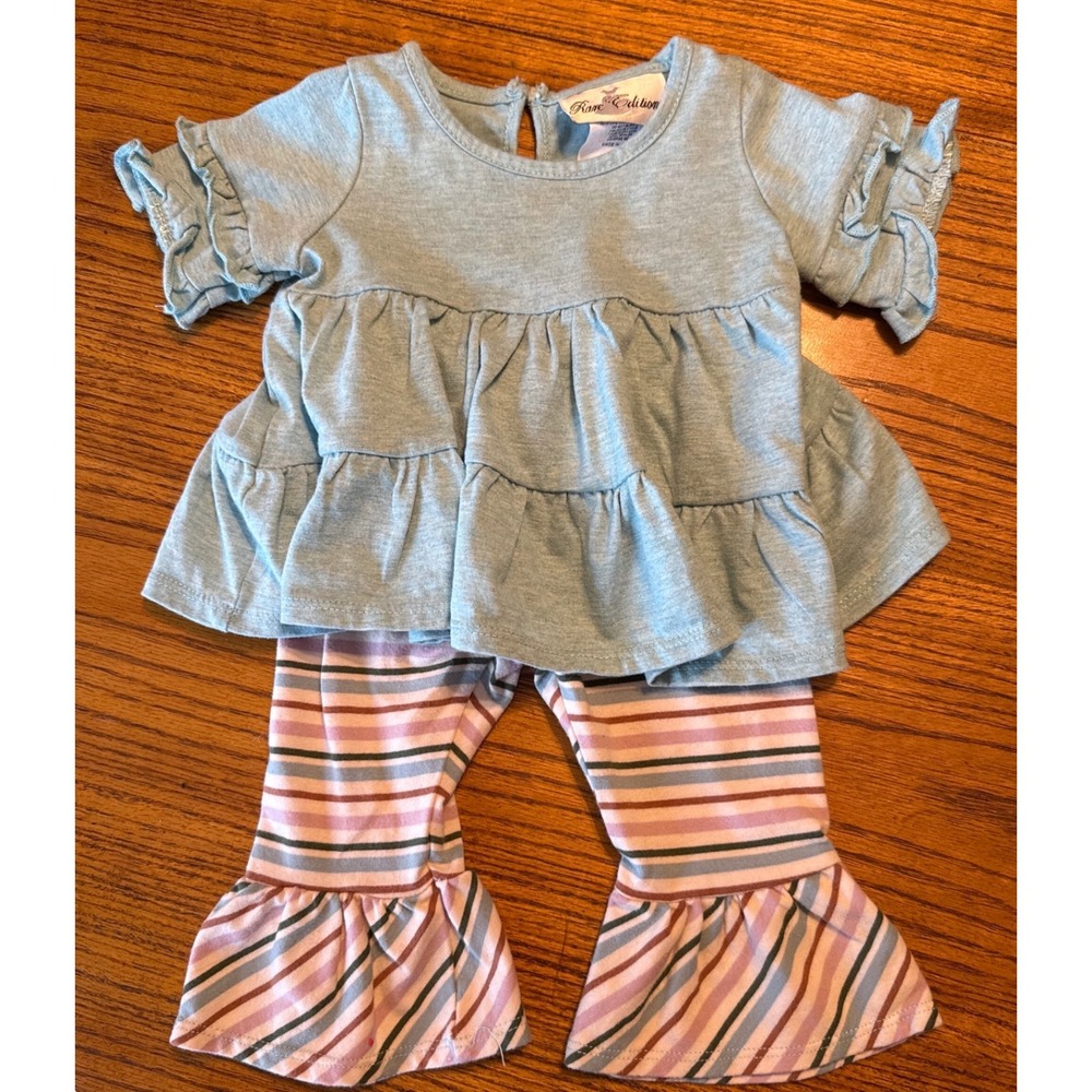 Rare Editions Baby Girl Outfit 6-9M Ruffle Top Stripe Bell Bottom Pants Set